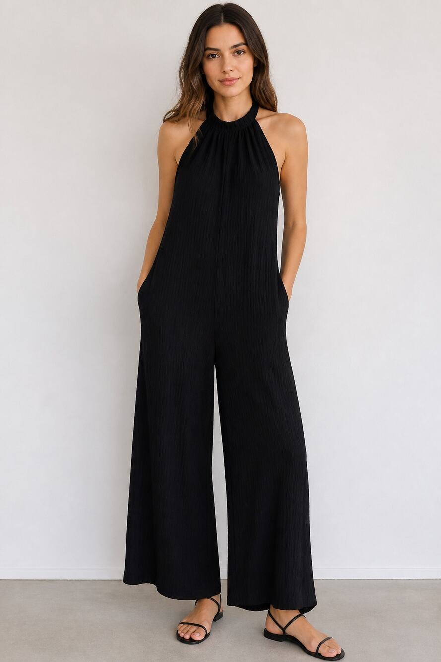 Black Halter Neck Crinkle Jumpsuit XXL